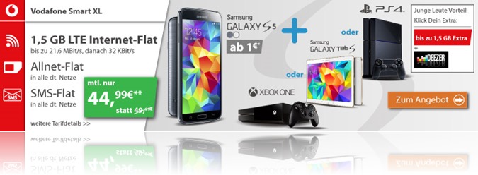 Bild zu Vodafone Smart XL (bis zu 3GB LTE Datenflat, Allnet Flat + SMS Flat) inkl. gratis Samsung S5 + z.B. gratis xBox One für 44,99€/Monat