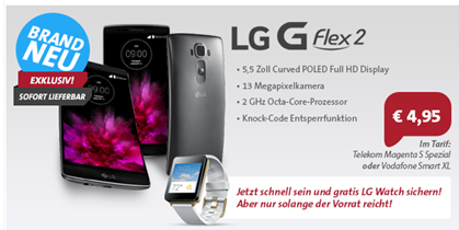 Bild zu Das neue LG G Flex 2 + LG Smartwatch (einmalig 4,95€) im Vodafone Tarif mit 1,5GB LTE Datenflat, Sprachflate in alle Netze + SMS Flat für 44,99€/Monat