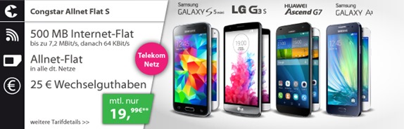 Bild zu Congstar (Telekom Netz) mit 500MB Datenflat und Telefonflat inkl. gratis Smartphone für 19,99€/Monat