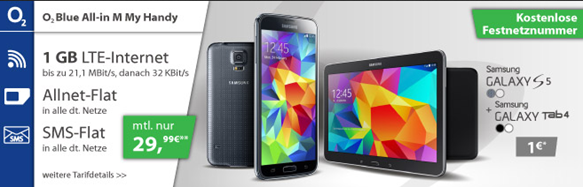 Bild zu [Knaller] Samsung S5 + Galaxy Tab 4 10.1 16GB Wifi im o2 Tarif (1GB LTE Datenflat + Sprachflat + SMS Flat) für 29,99€ im Monat