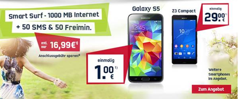 Bild zu o2 Smart Surf (1GB Datenflat, 50 Freiminuten + 50 Frei SMS) inkl. Samsung S5 (einmalig 1€) für 16,99€/Monat