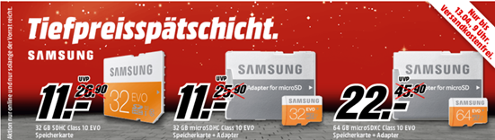 Bild zu Media Markt Tiefpreisspätschicht, z.B. SAMSUNG 32 GB SDHC Speicherkarte Class 10 EVO für 11€