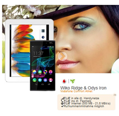 Bild zu Vodafone Allnet Flat + 500MB Datenflat inkl. Wiko Ridge Smartphone (Wert 209€) & Odys Iron Tab (Wert 187,90€) für 19,99€ im Monat