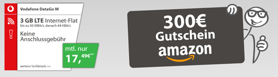 Bild zu 3GB LTE Datenflat + 300€ Amazon Gutschein für 17,49€/Monat