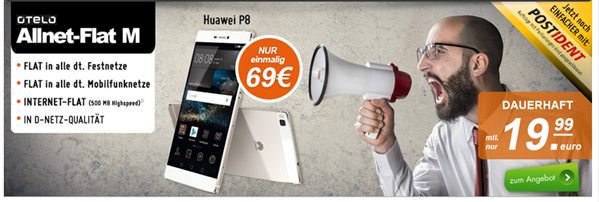 Bild zu Otelo Flat M (500MB Datenflat + Sprachflat) inkl. Huawei P8 (einmalig 69€) für 19,99€/Monat
