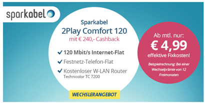 Bild zu Sparkabel (120 Mbit/s Turbo-Internet-Fla + Festnetz-Flatrate) für rechnerisch 17,49€/Monat – Wechsler sogar ab 4,99€/Monat