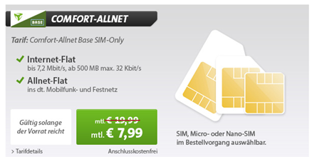 Bild zu Base Allnet Flat inklusive 500MB Datenflat für 7,99€ pro Monat