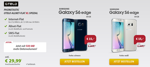 Bild zu [Super] Otelo XL (1,5GB Daten + Sprach- und SMS Flat) inkl. Samsung S6 Edge 64GB (einmalig 15€) für 29,99€/Monat