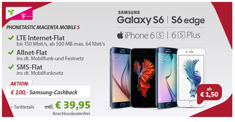 Bild zu Telekom Allnet Flat inkl. LTE Datenflat + SMS Flat mit iPhone 6S (ab 89€) oder Samsung S6 (128GB ab 1,50€) ab 39,95€/Monat