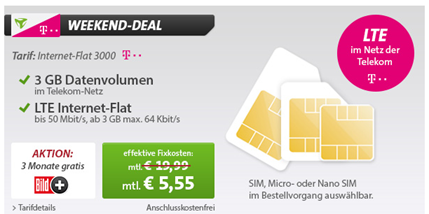Bild zu [Top] 3GB Telekom LTE (bis 50Mbit) Datenflat für 5,55€/Monat
