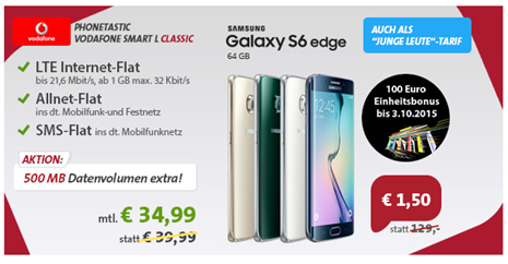 Bild zu Vodafone (1GB LTE Datenflat, SMS Flat + Sprachflat alle Netze) inkl. Samsung S6 Edge 64GB (1,50€) für 30,82€/Monat
