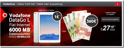 Bild zu 6GB LTE Datenflat von Vodafone inkl. Apple iPad Air 2 16GB Cellular für 27,49€