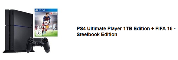 Bild zu PlayStation 4 1TB & FIFA 16 – Steelbook Edition (exkl. bei Amazon.de) [CUH-1216B] für 359€
