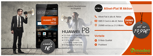 Bild zu Otelo Tarif (Vodafone Netz) mit 500MB Datenflat + Sprachflat inkl. Huawei P8 für 1€ (Vergleich 359€) für 19,99€/Monat