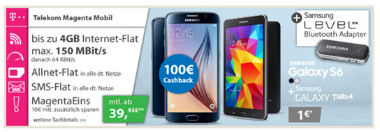 Bild zu [Top] Telekom Tarif mit Sprach-, Daten (LTE)- & SMS Flat inkl. gratis Samsung Galaxy S6, Samsung Tab 4, Samsung Bluetooth Adapter ab 29,95€/Monat