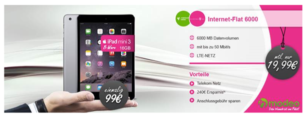 Bild zu 6GB Telekom LTE Datenflat inkl. Apple iPad mini 3 WiFi und Cellular (einmalig 99€) für 19,99€ im Monat
