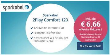 Bild zu Sparkabel (120 Mbit/s Turbo-Internet-Flat + Festnetz-Flatrate) für rechnerisch 20,41€/Monat – Wechsler sogar ab 6,66€/Monat