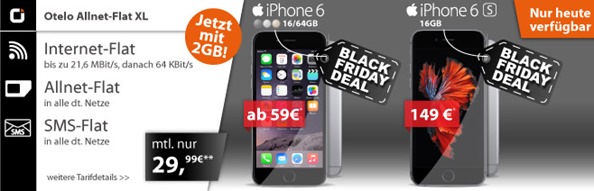 Bild zu Nur heute: Otelo XL (2GB Datenflat, Sprach- und SMS Flat) im Vodafone Netz inkl. iPhone 6 (ab 59€) oder 6S (ab 149€) für 29,99€ im Monat