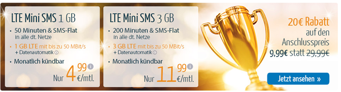 Bild zu 1GB LTE Internetflat mit SMS Flat & 50 Freiminuten im o2 Netz für 4,99€ im Monat (monatlich kündbar), 2GB = 8,99€ oder 3GB = 11,99€