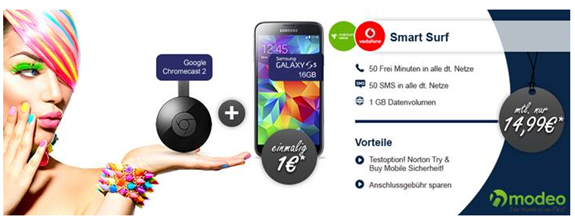 Bild zu Vodafone Smart Surf (1GB Datenflat, je 50 Frei-SMS und Minuten) inkl. Samsung S5 Mini und Google Chromecast 2 für 14,99€/Monat