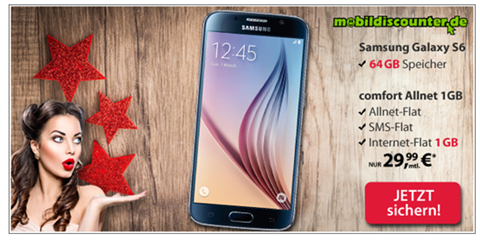 Bild zu Samsung Galaxy S6 (64GB) im Vodafone Netz mit 1GB Datenflat & Sprachflatrate für 29,99€/Monat