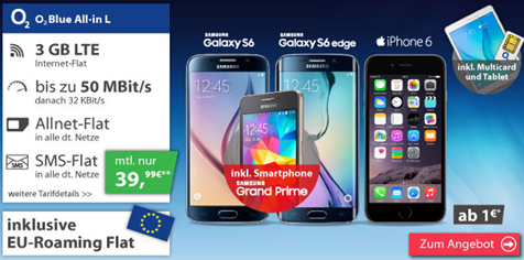 Bild zu o2 Blue Tarif (3GB LTE Flat, SMS Flat & Sprachflat) inkl. EU Roaming Flat und Top-Smartphone inkl. gratis Tab und gratis Smartphone ab 0€ für 39,99€/Monat
