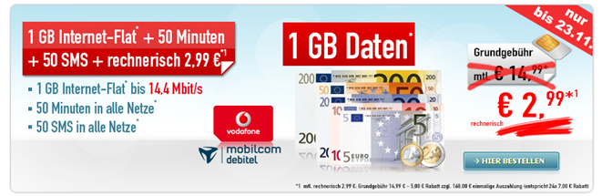 Bild zu [Top] 1GB Datenflat + 50 Freiminuten + 50 Frei-SMS im Vodafone-Netz für 2,99€/Monat