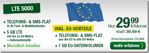 Bild zu 5GB LTE Datenflat inkl. SMS & Telefonieflat im o2 Netz inkl. 1GB Datenflat sowie SMS & Telefonieflat für die EU für 29,99€/Monat –monatlich kündbar
