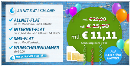 Bild zu [Knaller – geht immer noch] Allnet Flat (Sprache) im Telekom-Netz mit 1GB Datenflat + SMS Flat für 11,11€ pro Monat