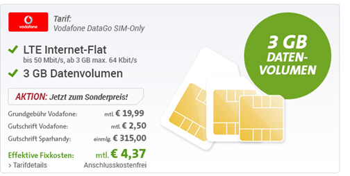 Bild zu [Top] 3GB Vodafone LTE Datenflat dank Auszahlung für rechnerisch 4,37€/Monat
