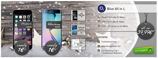 Bild zu o2 Blue All in L Tarif (3GB LTE Flat, SMS Flat & Sprachflat) inkl. EU Roaming Flat und Top-Smartphone ab 1€ (z.B. iPhone 6, Samsung S6 Edge, Lumia 950XL) für 39,99€/Monat