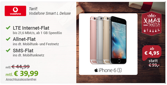 Bild zu Vodafone Tarif mit 1GB LTE Datenflat, SMS Flat + Sprachflat inkl. iPhone 6S (einmalig 4,95€) für 34,99€/Monat