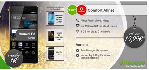 Bild zu 1GB Datenflat inkl. Telefonflat im Vodafone Netz plus Smartphone ab 1€ für 19,99€ im Monat