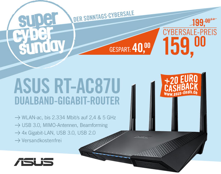 Bild zu DualBand WLAN Gigabit Router Asus AC2400 RT-AC87U für 159€ abzüglich 20€ Cashback