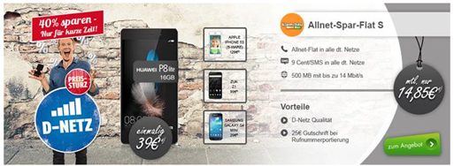 Bild zu Klarmobil Allnet-Spar-Flat im Telekom-Netz (500 MB Datenflat, Flat in alle Netze) inkl. Smartphone ab 1€ für 14,85€/Monat