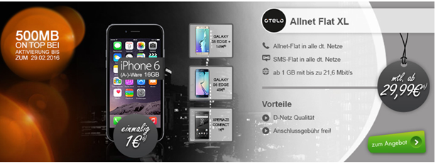 Bild zu Otelo XL (1,5GB Datenflat, SMS- und Sprachflat alle Netze) inkl. z.B. Sony Xperia Z5 oder iPhone 6 (einmalig je 1€) für 29,99€/Monat