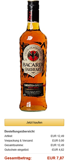 Bild zu Blitzangebot bis 22 Uhr: Bacardi Oakheart Rum (1 x 0.7 l) für 7,87€