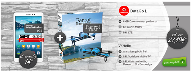 Bild zu Huawei MediaPad T1 LTE + Parrot Bebop Drone für gemeinsam 1€ mit Vodafone 6GB LTE Datentarif für 27,49€/Monat