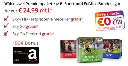 Bild zu [Bonus-Deal] Sky Starter + 2 Premiumpakete für 24,99€ + 50€ Amazon.de-Gutschein* + 0€ Aktivierungsgebühr (statt 59€)