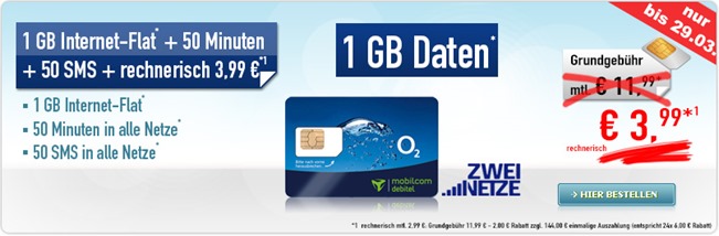 Bild zu o2 Smart Surf (50 Freiminuten, 50 Frei SMS + 1GB Datenflat) für rechnerisch 2,99€ pro Monat