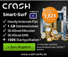 Bild zu Crash-Tarife: Smart Surf o2 (50 Freiminuten, 50 Frei SMS + 1GB Datenflat) für rechnerisch 3,82€ pro Monat