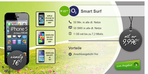 Bild zu o2 Smart Surf (1GB Datenflat, 50 Freiminuten + 50 Frei SMS) inkl. iPhone 5 (B-Ware – einmalig 1€) für 9,99€/Monat