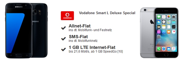 Bild zu Vodafone Smart L (1GB LTE Daten, SMS Flat + Sprachflat) inkl. iPhone 6S oder Samsung S7 (je einmalig 4,95€) für 34,99€/Monat
