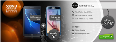 Bild zu otelo Allnet-Flat XL (1GB Datenflat, Flat in alle Netze, SMS Flat) inkl. Samsung Galaxy S6 + Samsung Galaxy Tab A 7.0 für einmalig 1€ für 29,99€/Monat