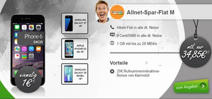 Bild zu Klarmobil Allnet-Spar-Flat im Telekom-Netz (1 GB Datenflat, Flat in alle Netze) für 34,85€/Monat + Top Smartphone ab 1€