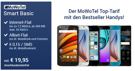 Bild zu MoWoTel (Vodafone Netz) mit Allnet-Flat + 500MB Datenflat inkl. z.B. Samsung S6 (einmalig 4,95€) für 19,95€/Monat