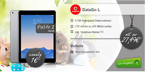 Bild zu 6GB Vodafone LTE Datenflat (bis 225Mbit) für 27,49€/Monat inkl. z.B. das neue iPad Pro 32GB + Cellular (Wert 837€) für 279€