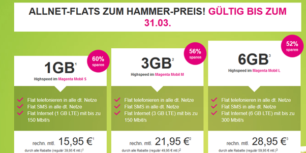Bild zu [Top] Telekom Magenta Tarife  bis zu 60% reduziert, so z.B. 3GB LTE Datenflat plus Sprach- und SMS Flat für 21,95€/Monat