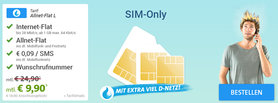 Bild zu Sparhandy Allnet Flat im Telekom Netz mit 1GB Datenflat für 9,90€ im Monat