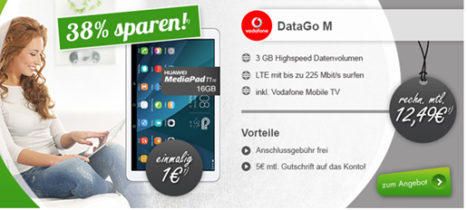 Bild zu Huawei MediaPad T1 10 LTE + 3GB Vodafone LTE Datenflat für 12,49€ im Monat